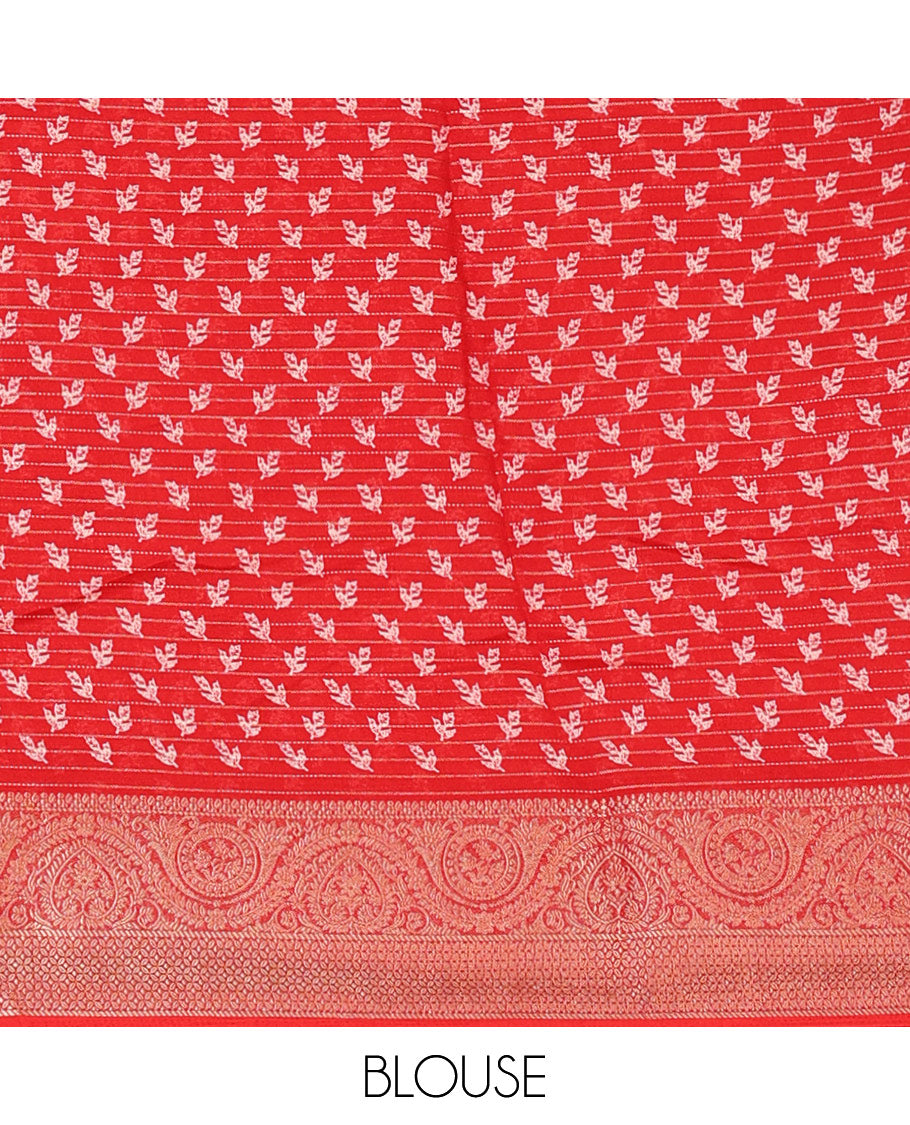 Red dotted striped & batik leaf printed viscose georgette saree, traditional design zari border, intricate pallu & blouse of print & zari work