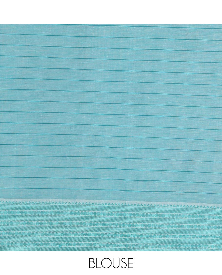 Cream-rama horizontal striped and girl motifs printed Mangalagiri cotton saree, traditional motifs woven border, printed pallu, and a contrast blouse