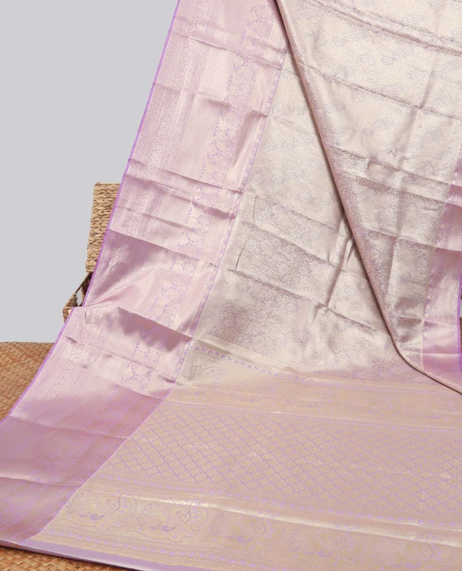 Lavender floral jacquard budget silk saree with contrast floral zari border & pallu of jaal design