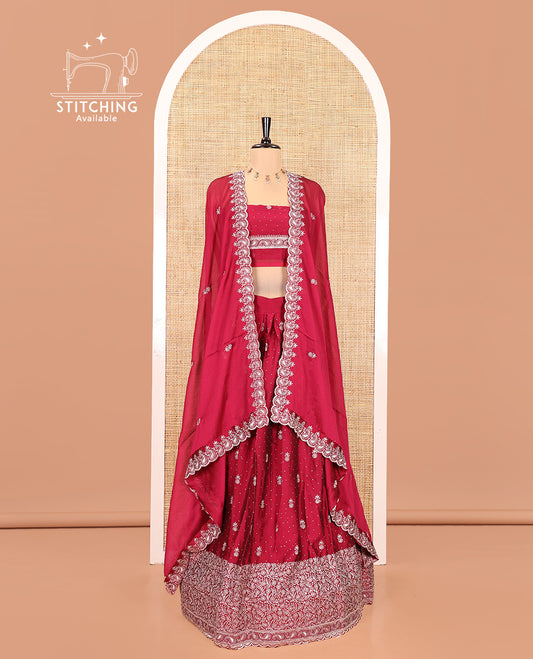 Rani Pink Georgette Half-Saree Featuring Embroidery Skirt, Floral Embroidered Border, Matching Blouse, Embroidered Dhavani