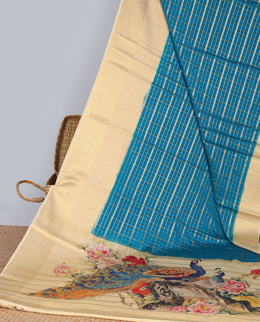 Blue striped design art mysore silk saree with contrast zari border & peacock design pallu