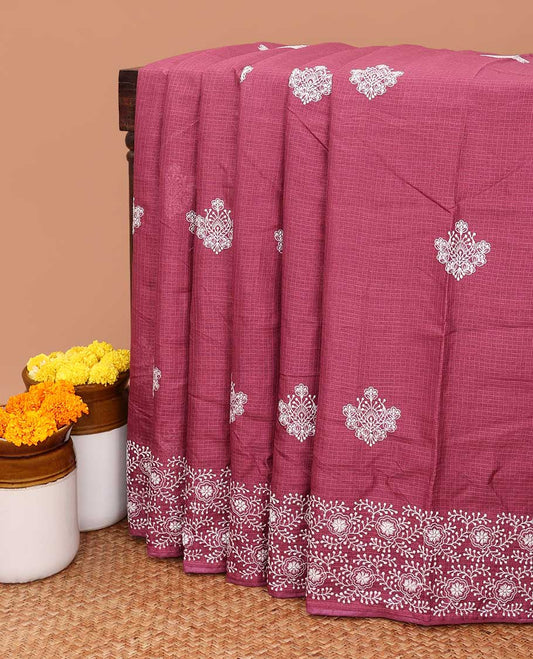 Onion pink allover lucknowi chikankari design kotta checks saree with running blouse