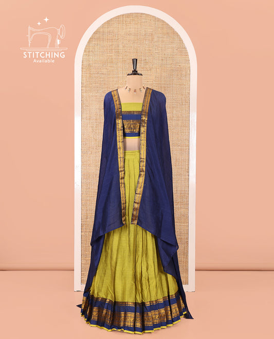 Liril Green-Royal Blue Mercerised Cotton Half-Saree Features Plain with Contrast Traditional Zari Varisai Pettu Annam-Motif Bordered Skirt, Paired with a Matching Blouse, and Comes with a Contrast Zari-Bordered Dhavani