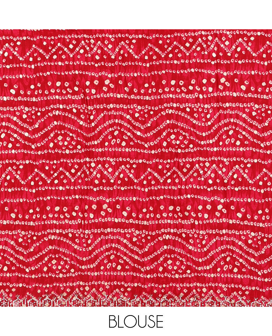 White bandhani mango jhumka patch embroidered crunchy crushed saree, contrast border, and pallu of Swarovski stonework, bandhani dots, and bandhani printed blouse