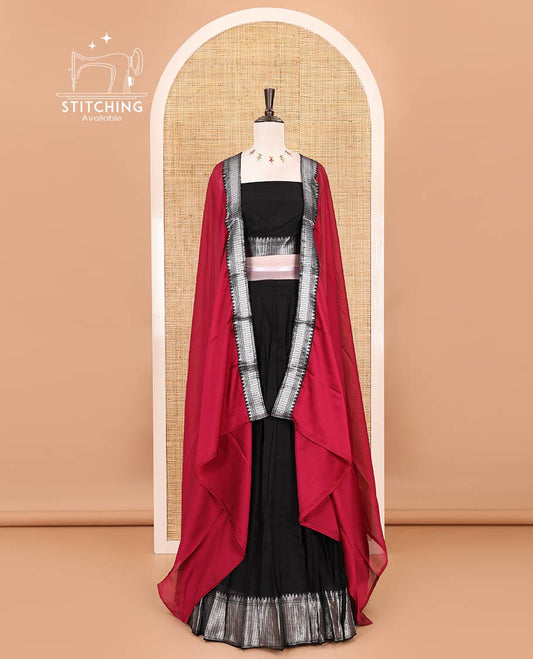 Black-magenta Mercerised cotton half-saree, plain & contrast temple geometric border skirt, matching blouse & contrast zari border Vichitra silk dhavani