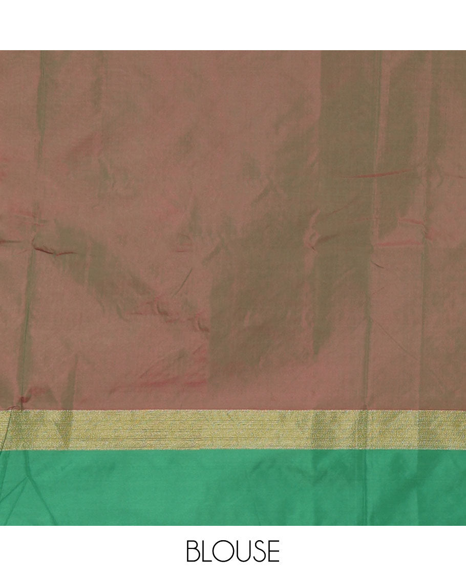 Tomato pink plus thread buttas semi-soft saree, contrast zari satin border, striped pallu & contrast plain blouse