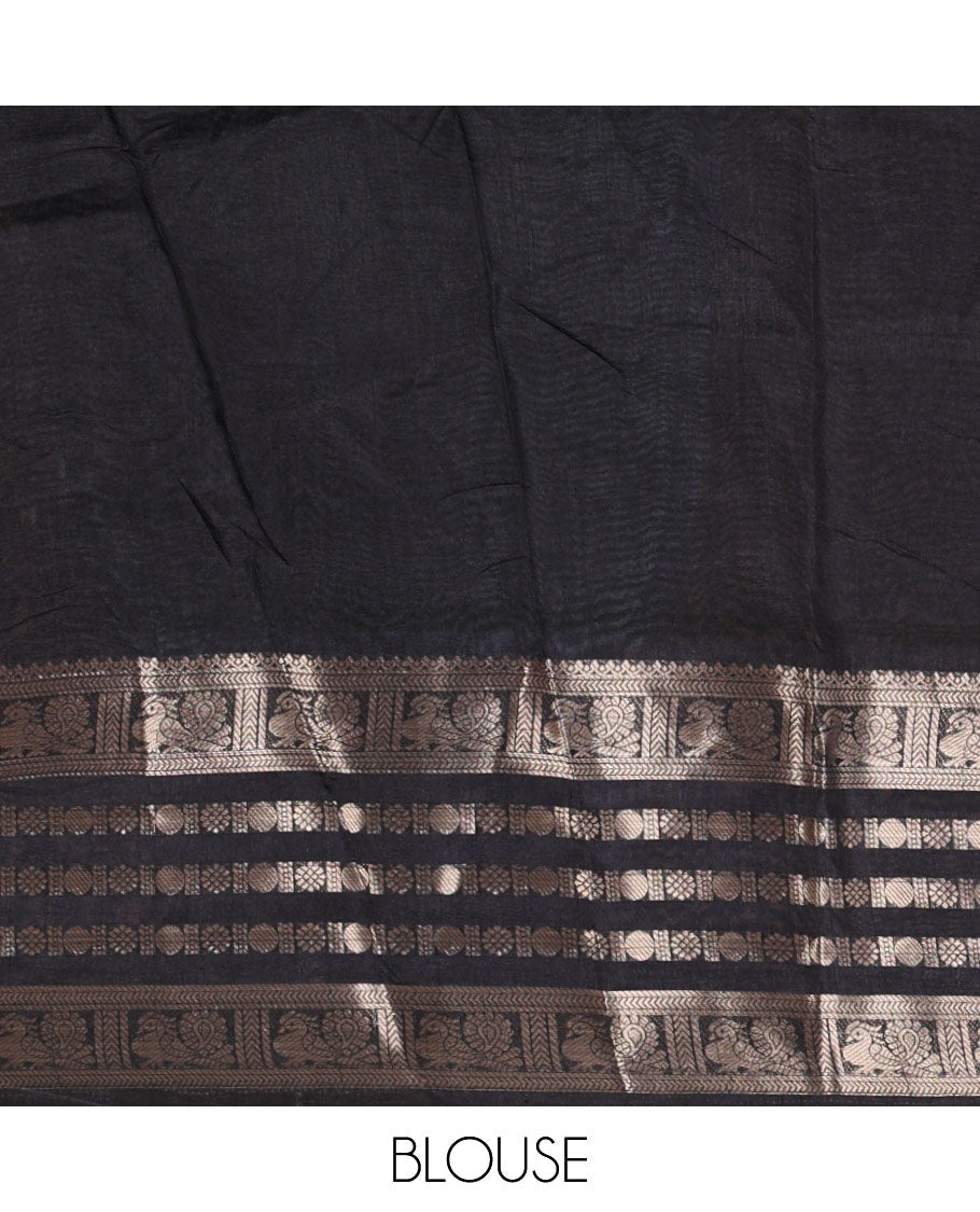 White and black butterflies printed dola silk saree, contrast traditional zari border, printed pallu, and a contrast plain blouse