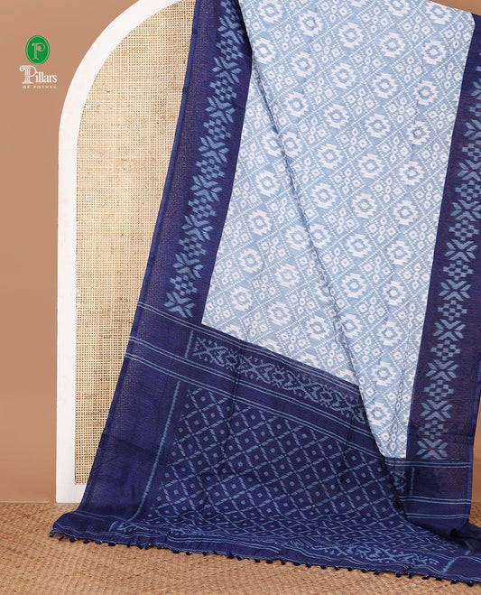 White Ikkat deisgn printed jute tussar silk saree , blue contrast border , ikkat  design printed pallu