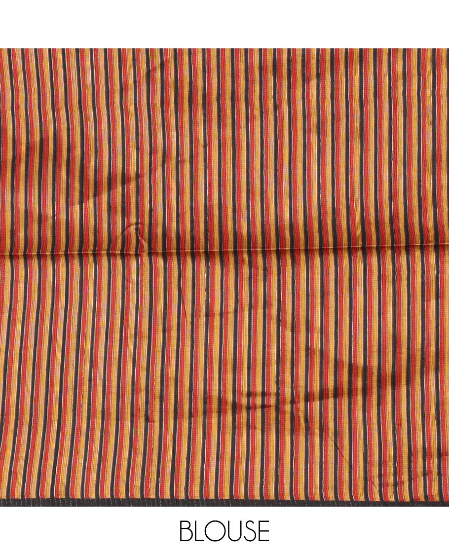 Black thread buttas banarasi jute cotton saree, temple border, pallu steeped with multi-color stripes & thread weave blouse