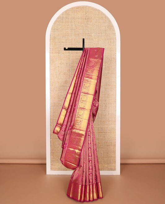 Pink floral design silk saree with self border of thilakam mokku, muthu, kathir, banaras design & zari design pallu
