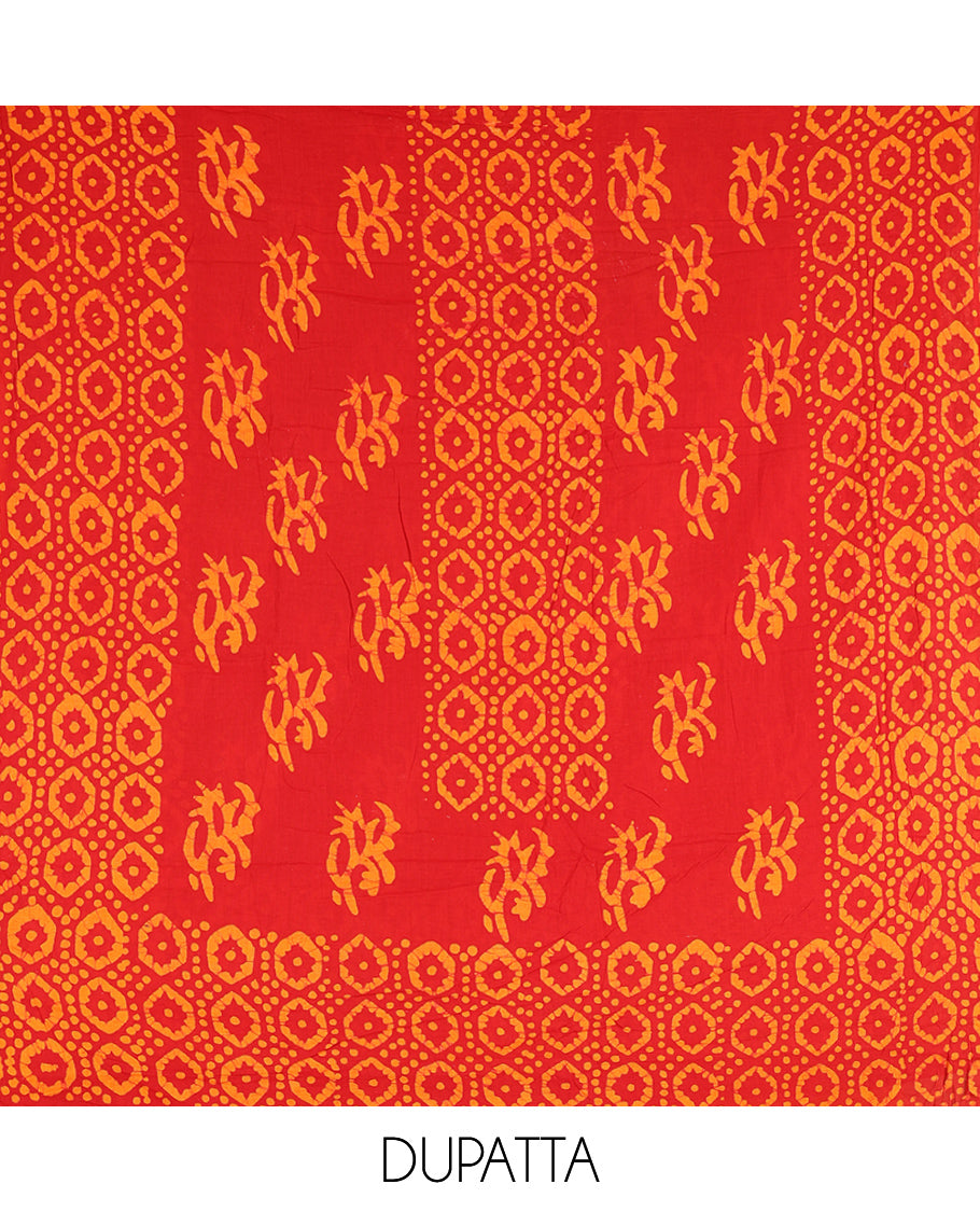 Red Cotton Material Chudidar, Batik Printed Hakoba Work Top, Contrast Bottom, Batik Printed Dupatta