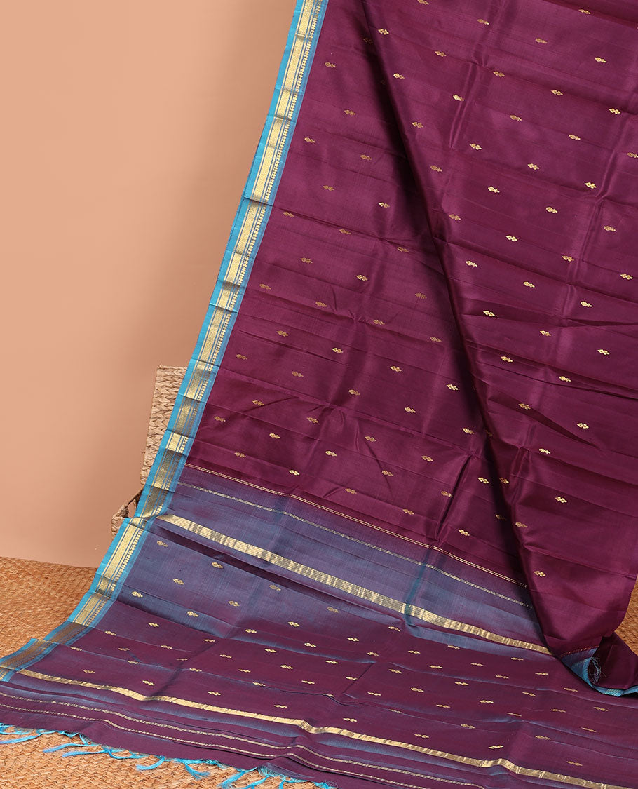 Violet floral buttas kancheepuram silk saree with contrast border of sombu, mayil kann designs & striped,floral buttas pallu