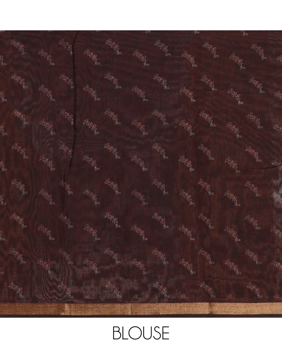 Black Ajrakh-style printed Muslin cotton saree, contrast zari border, Ajrakh printed pallu & contarst buttas printed blouse