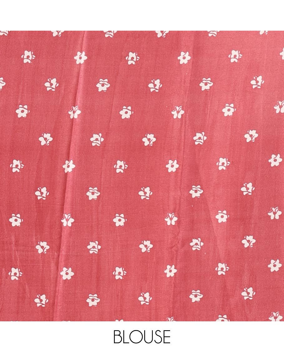 Cream-base batik-style floral printed satin crepe saree, contrast onion pink border, printed pallu & contrast floral printed blouse