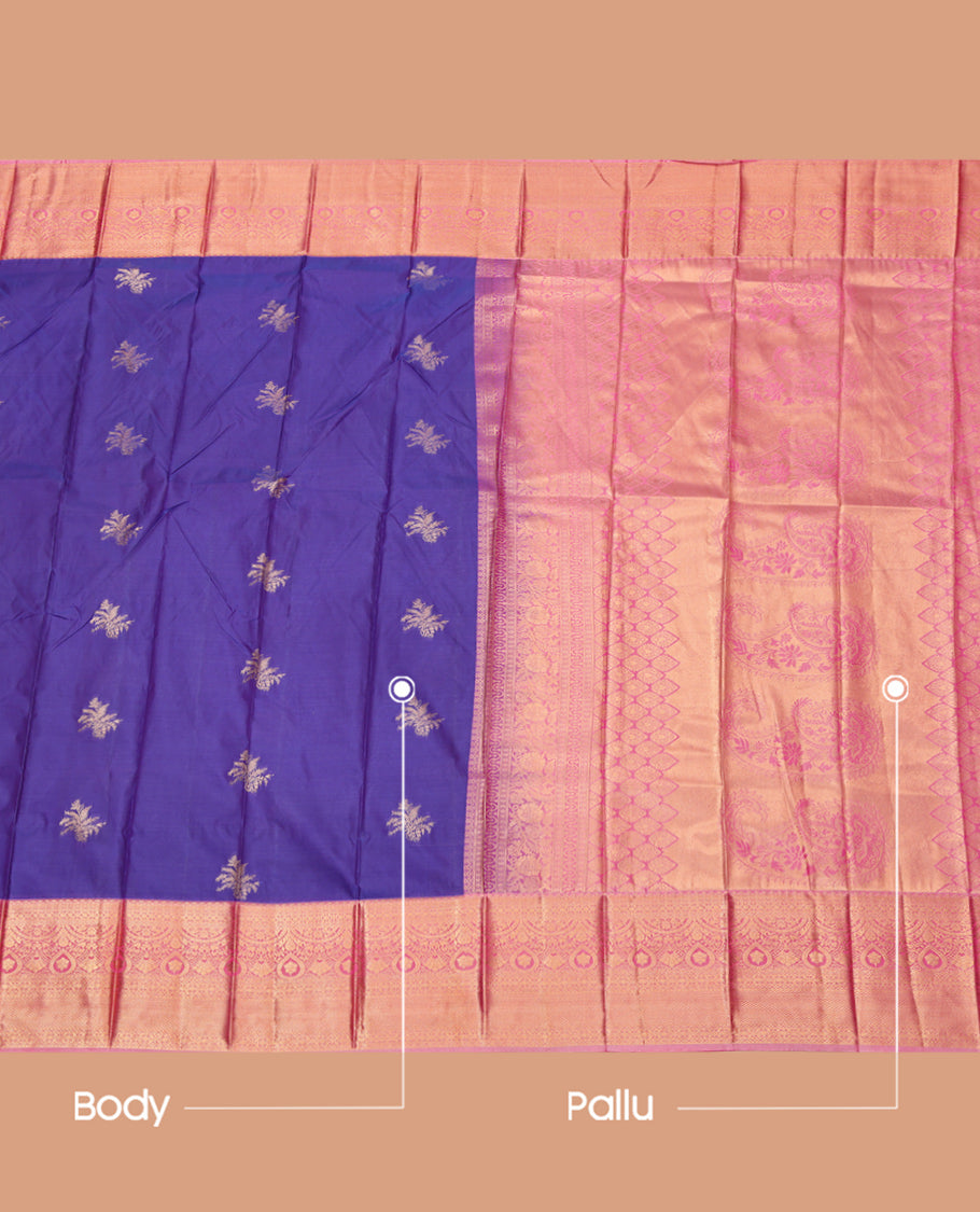 Violet Budget Silk Saree, Detailed with Zari Buttas, Complemented by a Contrast Traditional Zari Border, Grand Pallu, and a Contrast Blouse