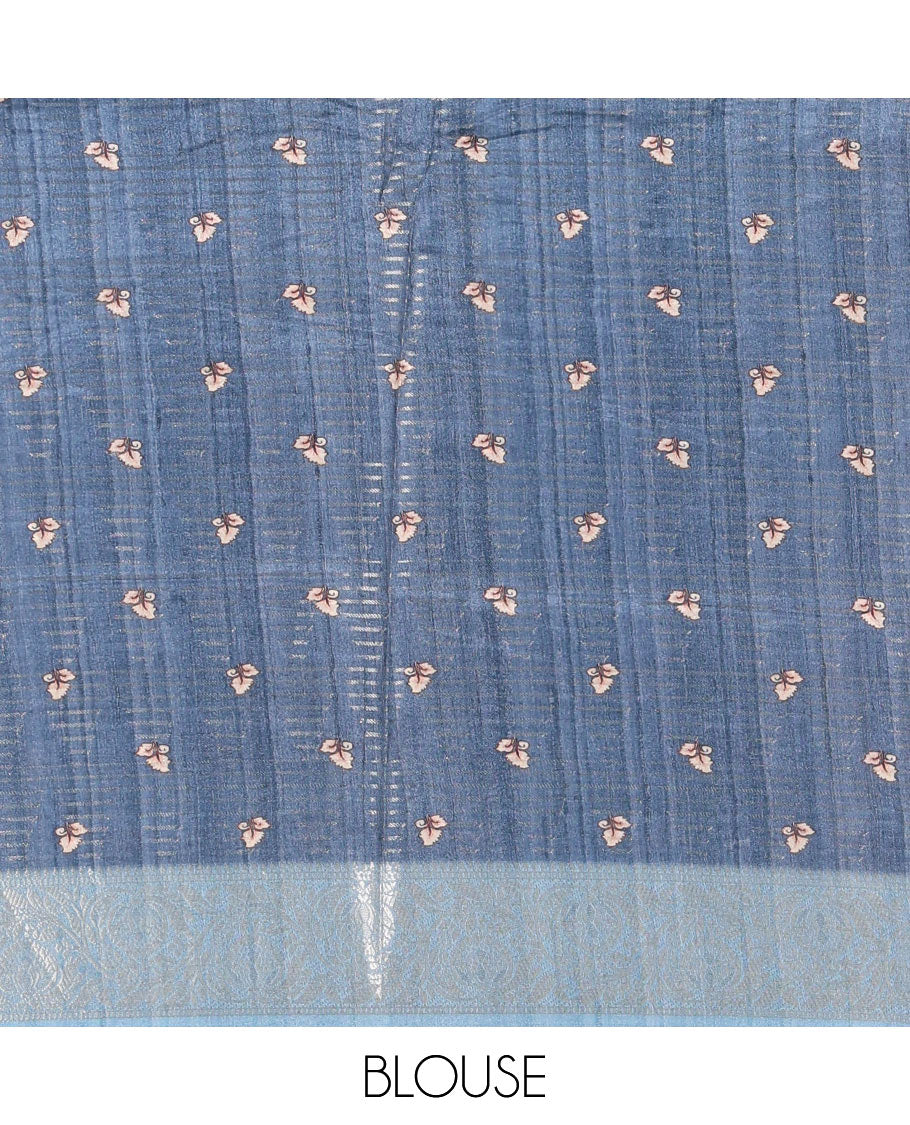 Blue tri-ombre colored zari stripes, and kalamkari peacock printed semi-tussar saree, contrast floral creeper zari border, peacock printed pallu, and a contrast blouse of zari and print work