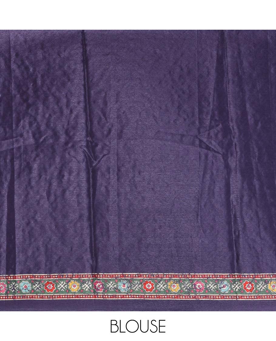 Navy blue-base colorful Mughal-style motifs printed & real mirror embroidery masakali saree, self-border &  pallu of print & mirror work