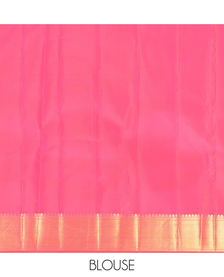 Green Kanchipuram Silk Saree, Woven with Zari Buttas, a Contrast Korvai Border of Thilakam Mokku, Kamalam, Greek Key, and Cross Kamalam Designs, Grand Pallu, and a Contrast Blouse