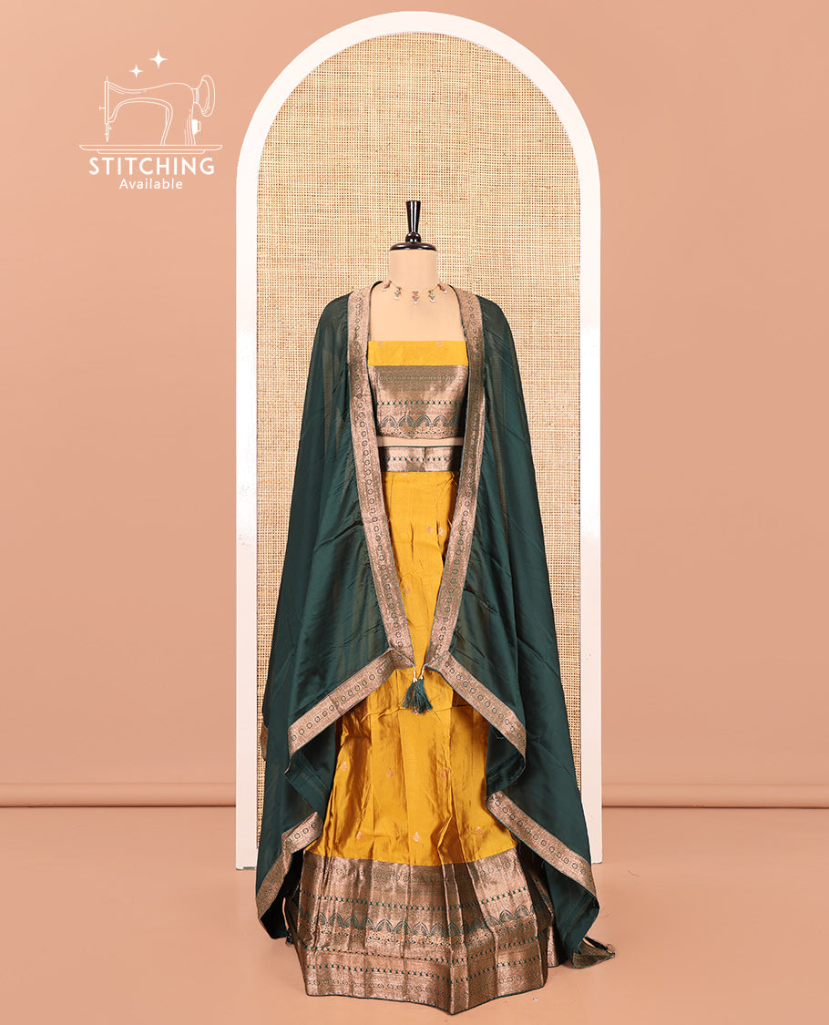 Yellow Semi-Banarasi Half-Saree Featuring Buttas Skirt, Contrast Traditional Border, Matching Blouse, Satin Georgette Dhavani