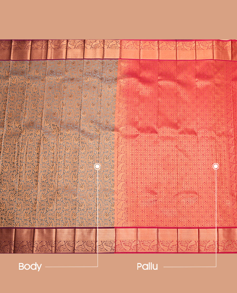 Grey Budget Silk Saree, Decorated with Jacquard Design, Complemented by a Contrast Traditional Zari Border, Grand Pallu, and a Contrast Blouse