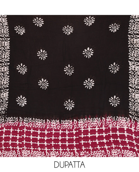 Black and Purple Material Chudidhar Set, Adorned with Batik-Style Printed Viscose Georgette Top, Rayon Batik Printed Bottom, and Viscose Georgette Dupatta of Batik Print