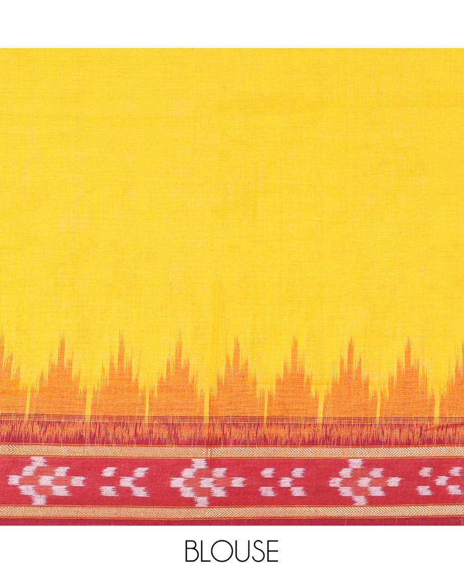Yellow Plain Odisha Cotton Saree, Complemented by a Contrast Temple Border of Pasapalli Weaves, Pallu Features Intricate Patterns, and Paired with a Matching Blouse