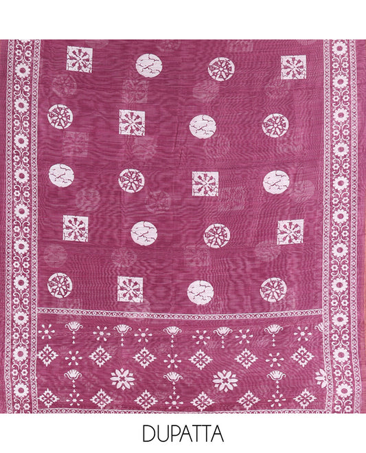 Purple Chanderi Material Chudidar Features Batik Printed Top, a Matching Bottom, and Batik Printed Dupatta