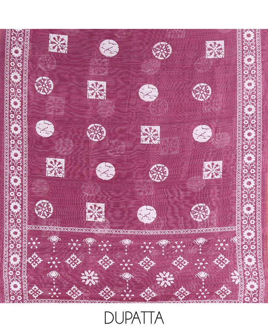 Purple Chanderi Material Chudidar Features Batik Printed Top, a Matching Bottom, and Batik Printed Dupatta