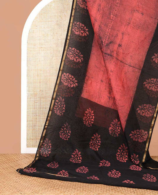 Pink hanblock batik printed chanderi cotton saree with contrast wax block printed border & hand block printed pallu along with plain blouse