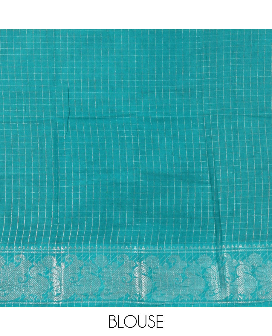 Navy blue zari checked Sungudi cotton saree, zari annam motifs woven border, zari striped pallu & contrast zari checked blouse