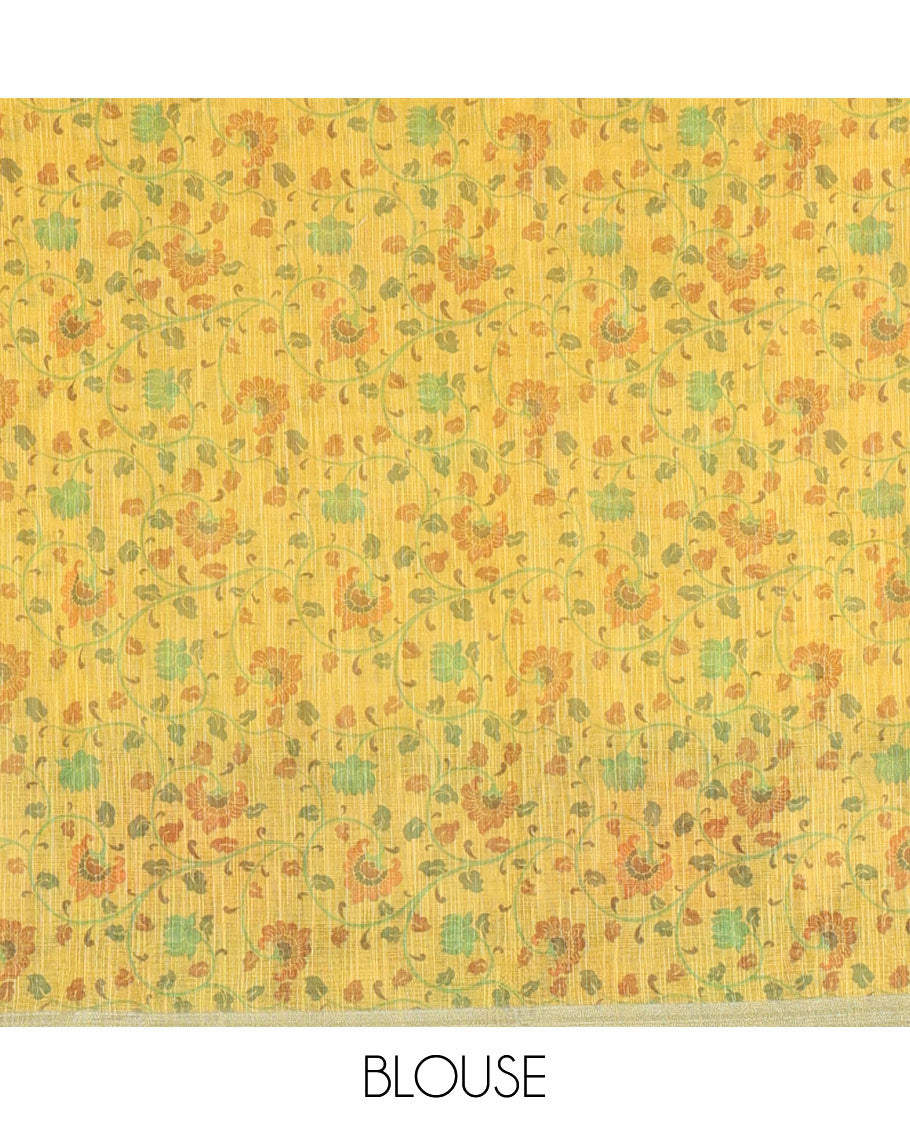 Yellow mirror thread embroidered linen saree, contrast kalamkari peacock printed border, pallu of kalamkari peacock and human figurines print, and printed blouse