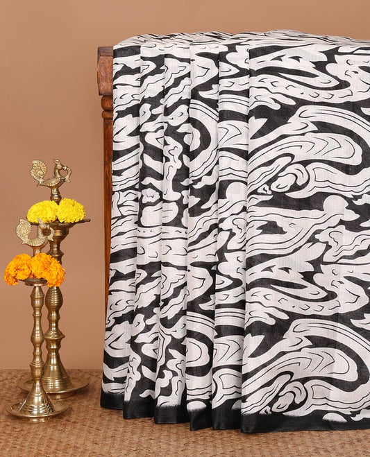 Borderless black abstract-style fancy printed khadi cotton saree, floral-geometric printed pallu & black printed blouse