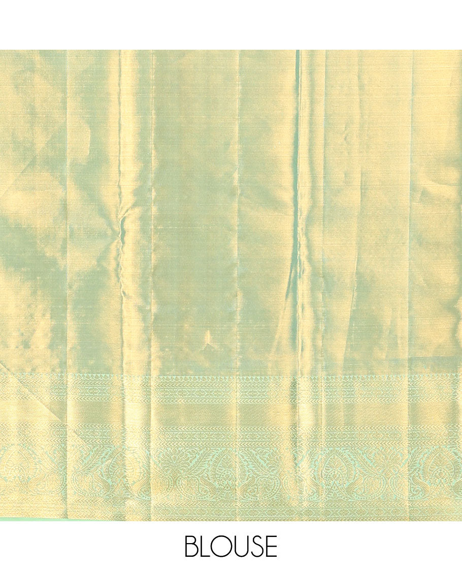 Green striped floral design kancheepuram tissue silk saree,contrast border of thilkam,poo chakram,banaras , manga & intricate pallu