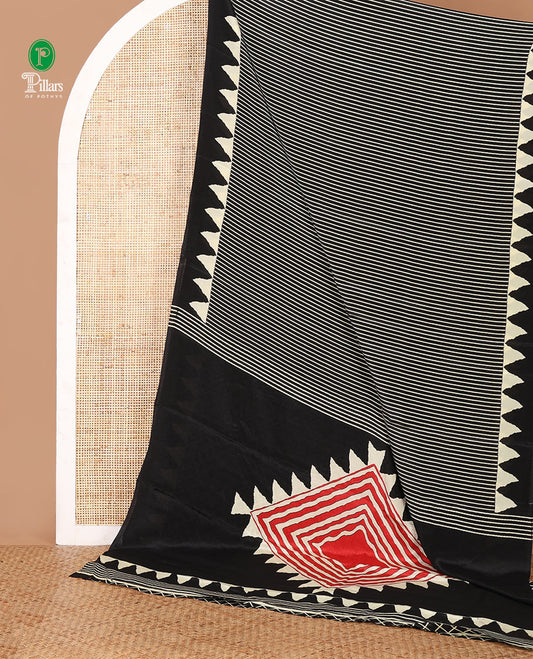 Black vertical stripes printed turkey crepe saree, temple printed border, diamond motifs printed pallu & jaal printed blouse