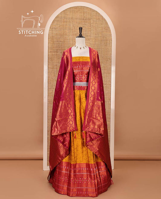 Mustard semi-banaras half-saree, embossed & contrast traditional zari border skirt,blouse of embossed & zari work & contrast-rani pink zari design dhavani