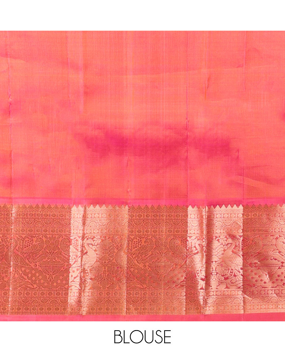 Yellow paisley kancheepuram silk saree with contrast border of sombu, muthu, paun, mayil design & zari design pallu