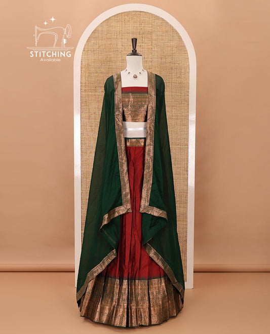 Maroon taffeta silk half-saree,plain skirt,contrast temple traditional zari border,zari design blouse & zari border georgette dhavani