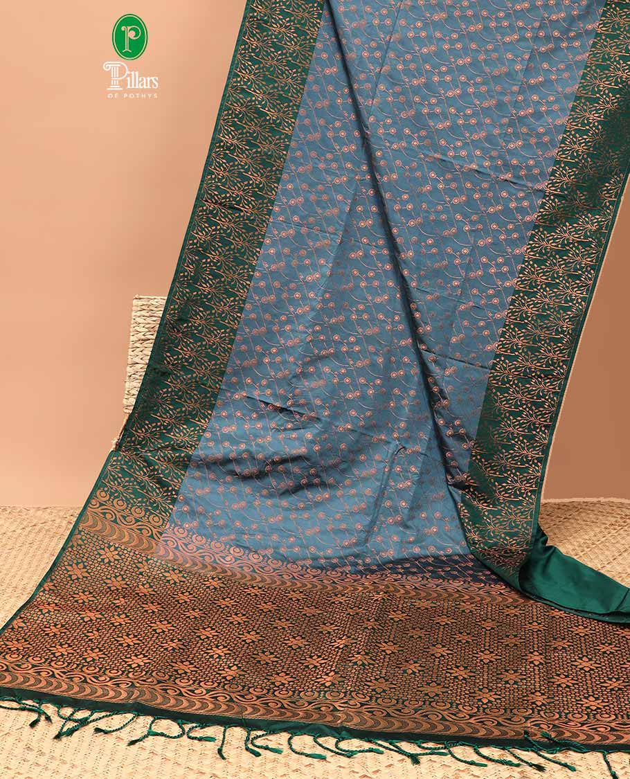 Grey with bottle green all-over zari jaal weaving luxury soft silk saree with contrast korvai border & contrast heavy rich pallu with tussels, contrast plain blouse