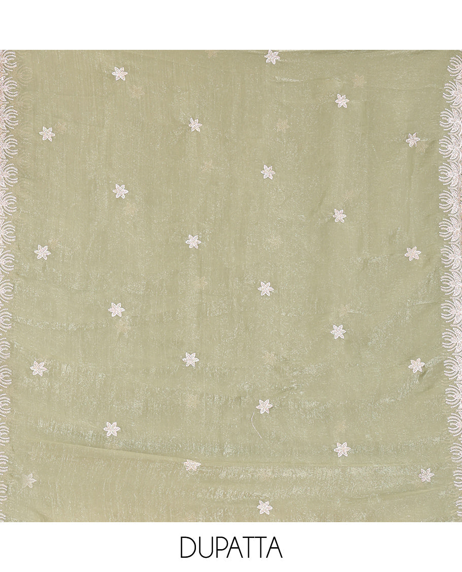 Pista Green Crunchy Chiffon Material Churidar Features Thread Embroidered-Stone Work Top, Plain Bottom, Embroidered Dupatta