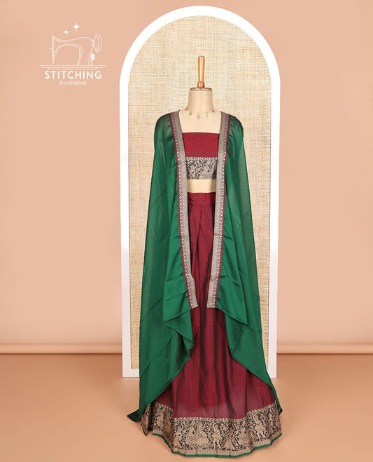 Maroon cotton half saree with contrast wedding design border, zari design blouse & plain , zari design border dhavani