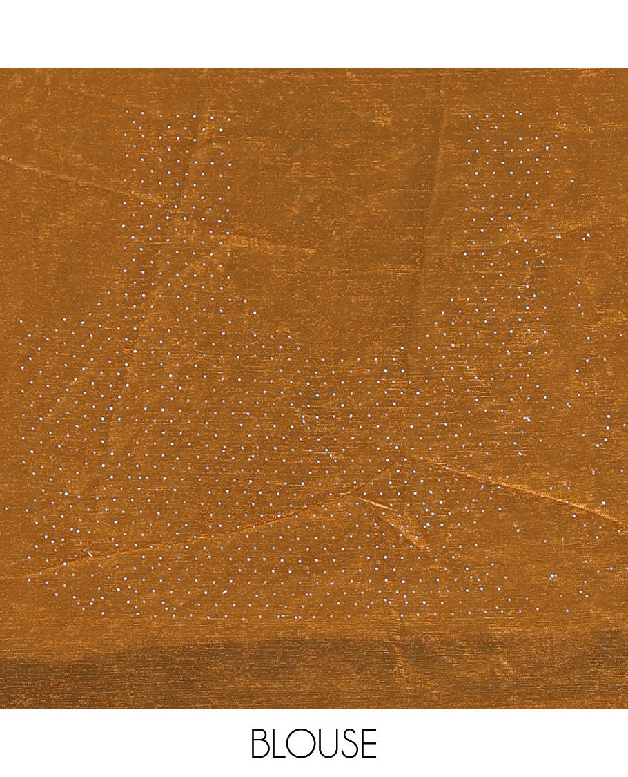 Mustard full-plain fendy chiffon saree, scallop swarovski stone work geometric border and contrast plain blouse