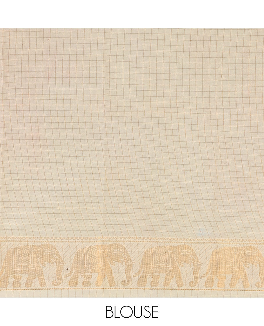 Maroon zari checked Sungudi cotton saree, contrast elephant motif border, zari striped pallu, and contrast zari design blouse