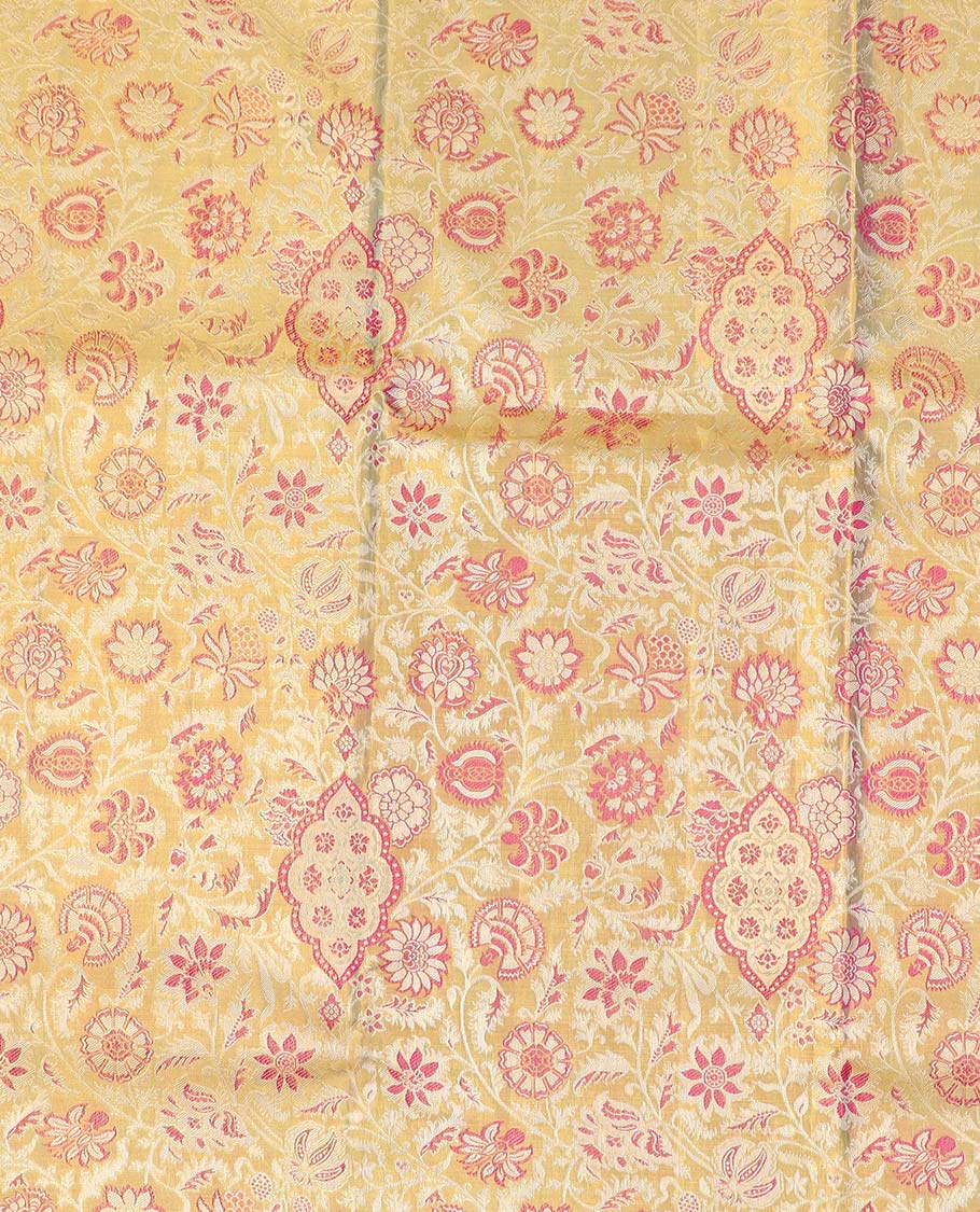 Sandal floral jacquard pure half silk saree with contrast zari border,  contrast zari design blouse & plain with zari border dhavani