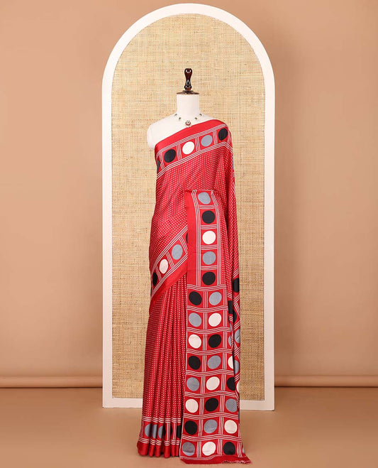 Red small polka dots printed gajji silk saree with self-border & pallu printed with a dot enclosed checks, blouse with intricate motif print