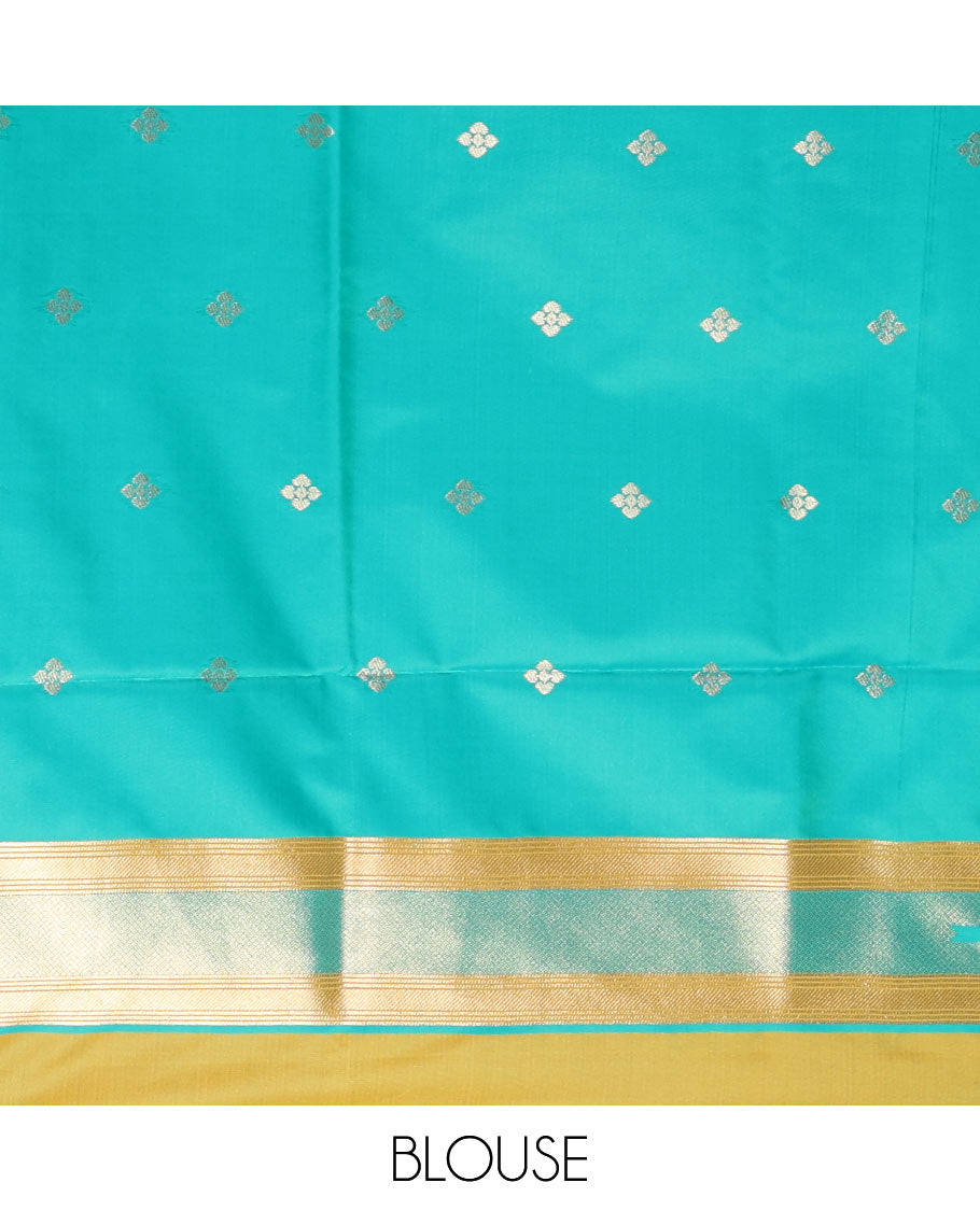 Green round peacock chakram buttas enclosed checked Mulberry silk saree, contrast round peacock chakra border, zari worven pallu, and contrast zari blouse