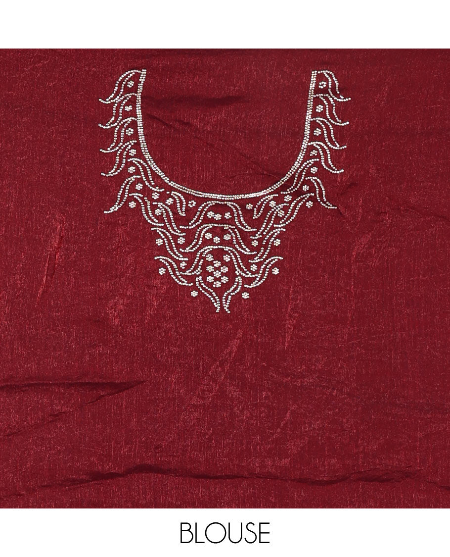 Maroon micro stonework Fendi chiffon saree, scallop micro stonework border, stonework paisley pallu, and matching micro stone work blouse