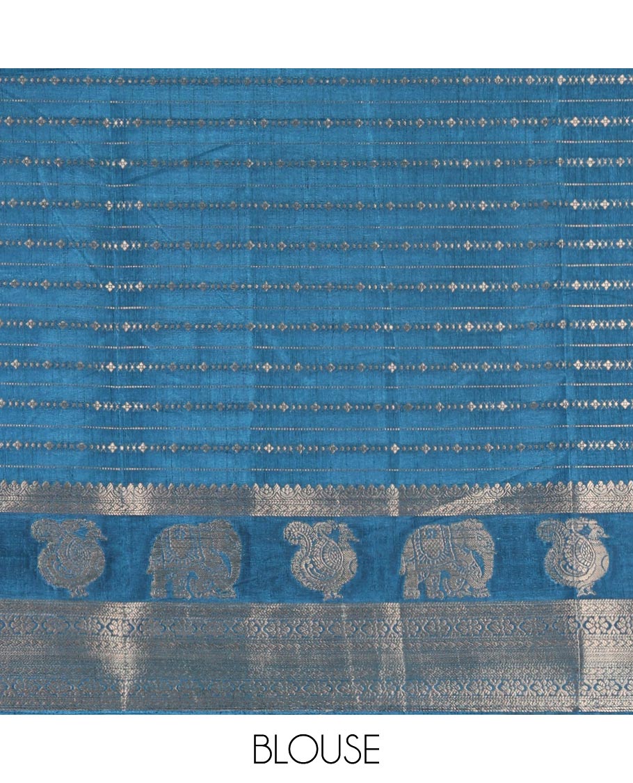 Half-white zari designs dola silk saree, contrast blue temple traditional border of peacock and elephant motifs, and temple pallu