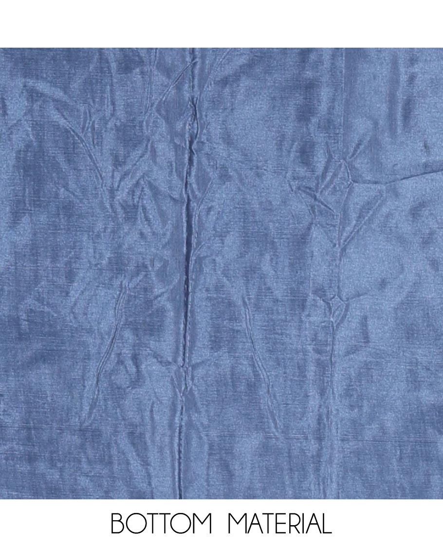 Blue material churidar set, warli tribe village theme print with mirror work semi-tussar top, plain bottom, and warli tribe village theme print semi-tussar dupatta