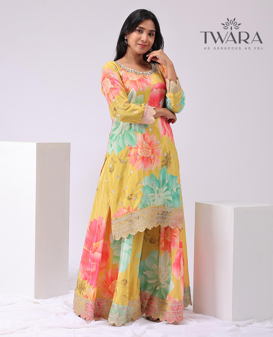 Yellow floral printed, embroidered round neck, 3/4/ th sleeve, knee lenght with floral print palazo & embroidered dupatta