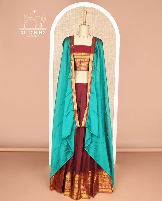 Red cotton half saree with checked, temple border, zari design blouse & zari design border dhavani